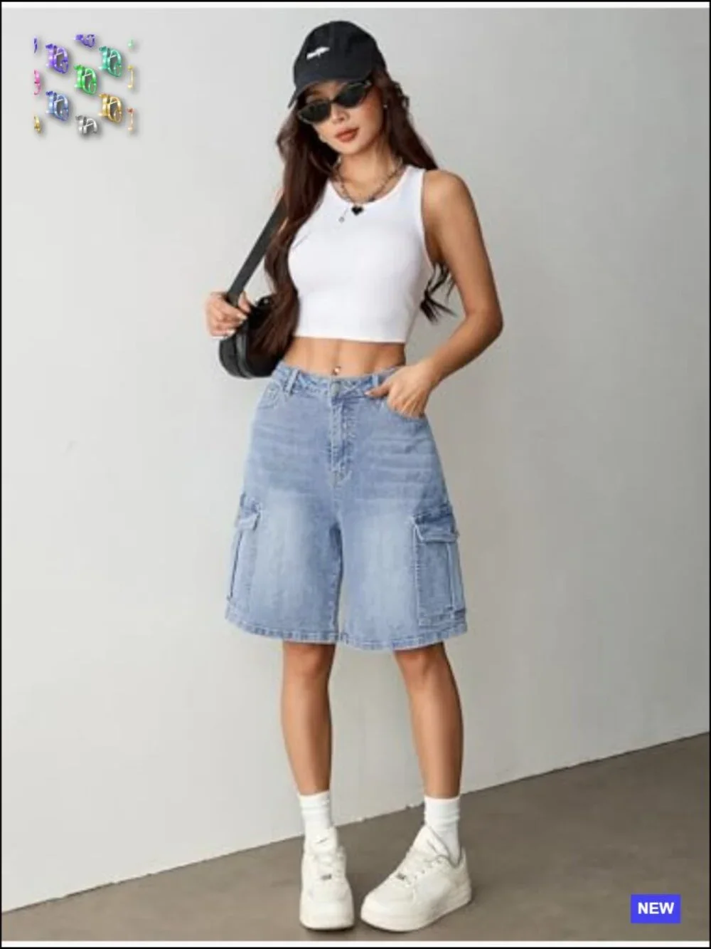 Baggy Bermuda Cargo Jorts Y2K Knee Length Stretchy Denim Shorts 6 Pockets